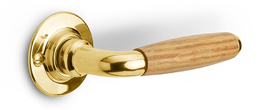 1932GRR50 - solid sprung door handle on round rose brass unlacquered/ebony wood