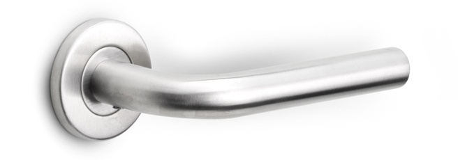 LB3L-19 - sprung lever handle on rose EN1906 class 3 satin stainless steel