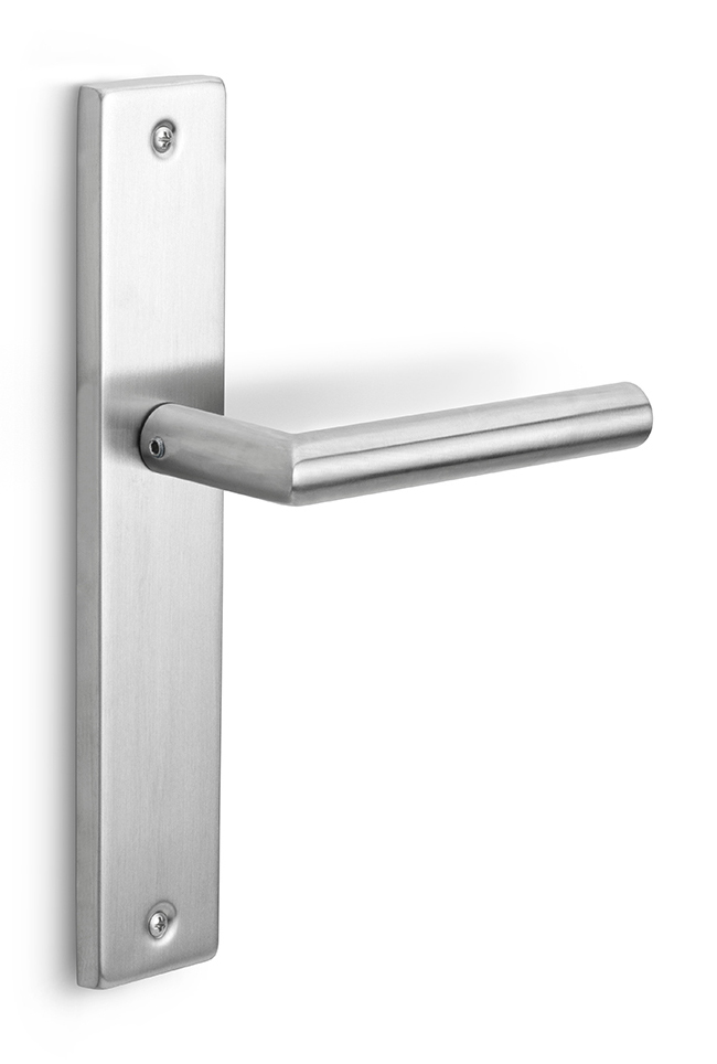 LB2-19P14SFC - sprung lever handle on blank plate satin stainless steel