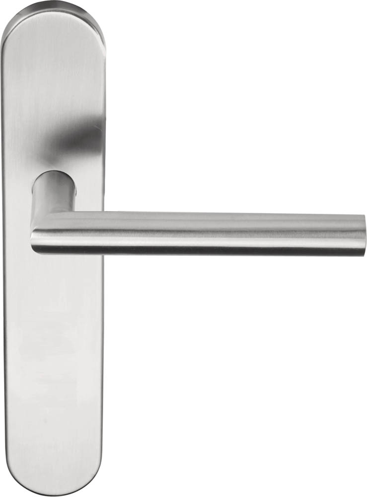 LB2-19P13SFC - sprung lever handle on blank plate satin stainless steel