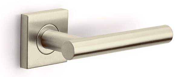 LB7-19BSQ - sprung door handle on square rose  satin stainless steel