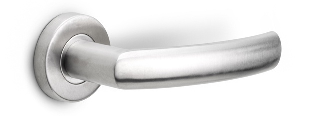 LB14 - solid sprung door handle on rose  satin stainless steel