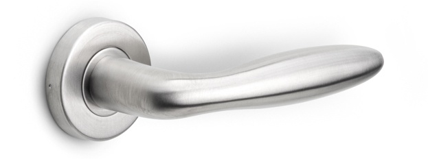 LB18 - solid sprung door handle on rose  satin stainless steel
