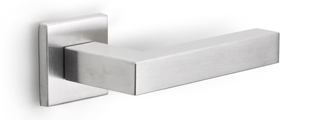 LSQ3-G - solid sprung door handle on rose  satin stainless steel