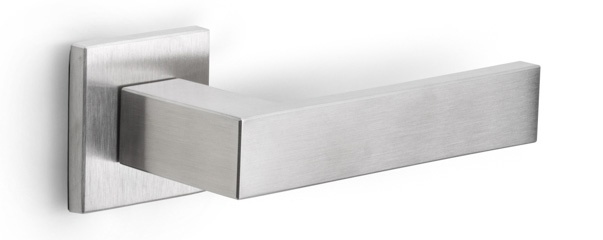 LSQ4-G - solid sprung door handle on rose  satin stainless steel