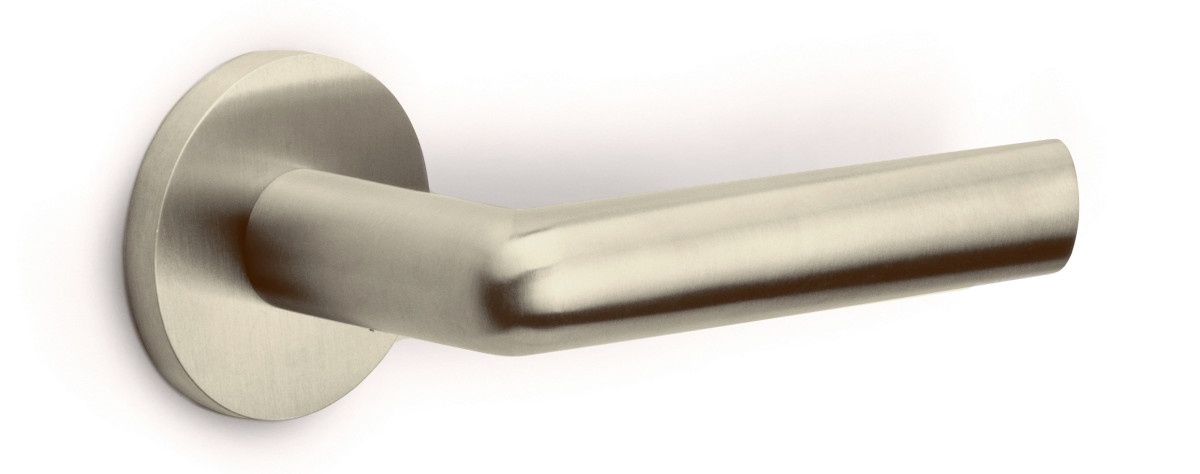 PBI100-G - solid sprung door handle on rose  satin stainless steel