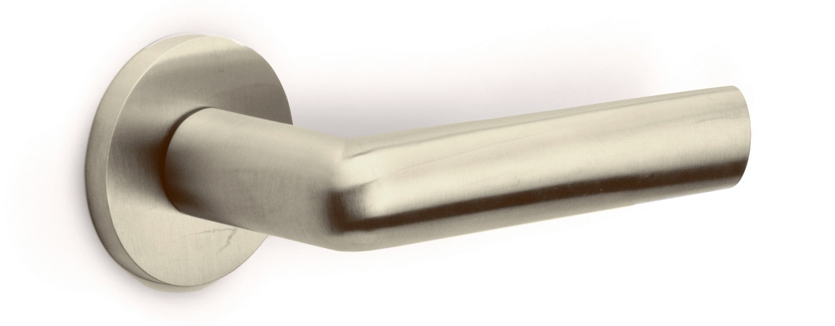 PBI101-G - solid sprung door handle on rose  satin stainless steel