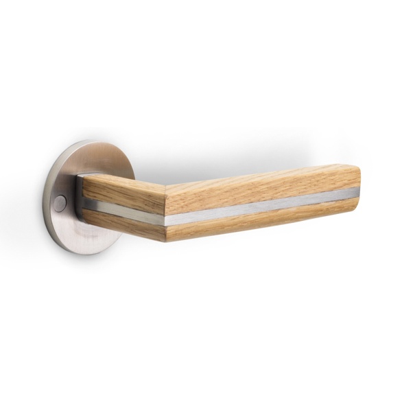 PBL22/50 - solid sprung lever handle on rose satin stainless steel & oak